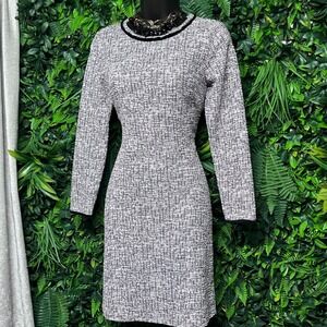 Loft Dress Size 2 Black White Tweed Knit Long Sleeve Sheath Professional 3938